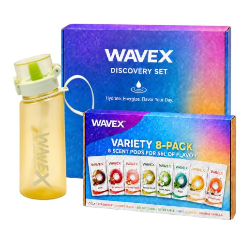 Image of Wavex Scented Water Bottle + 8 Aroma Scent Pods (Cola, Strawberry, Honey Peach, Energy Drink, Green Apple, Mint, Lemon, Orange Vanilla), Flip Top Lid, Straw & Carry Strap Included (Golden Yellow)