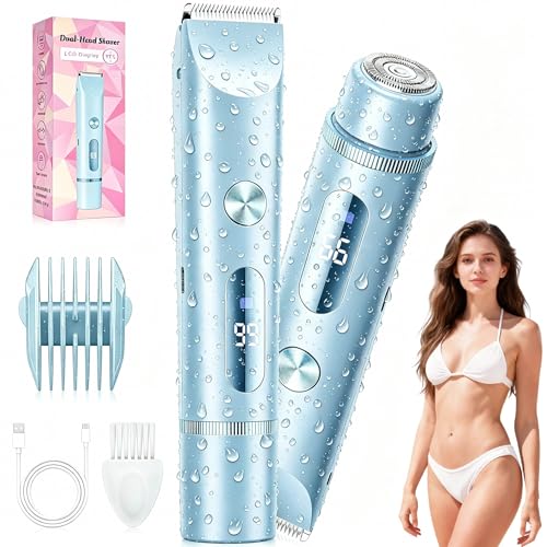 Image of Bikini Trimmer for Women, Rechargeable 2-in-1 Electric Razor for Shower& Travel, IPX7 Waterproof Painless Hair Removal for Bikini Line, Legs, Underarms, Wet & Dry Hypoallergenic Ceramic Blade, Blue
