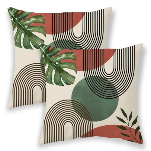 BETGINY Boho Summer Pillow Covers 18x18 Inch 2 Pcs, Berry Red Dark Green and Leaf Outdoor Decorative Throw Pillows, Mid Century Abstract Farmhouse Decor Pillowcase Linen Cushion Cover for Couch Sofa
