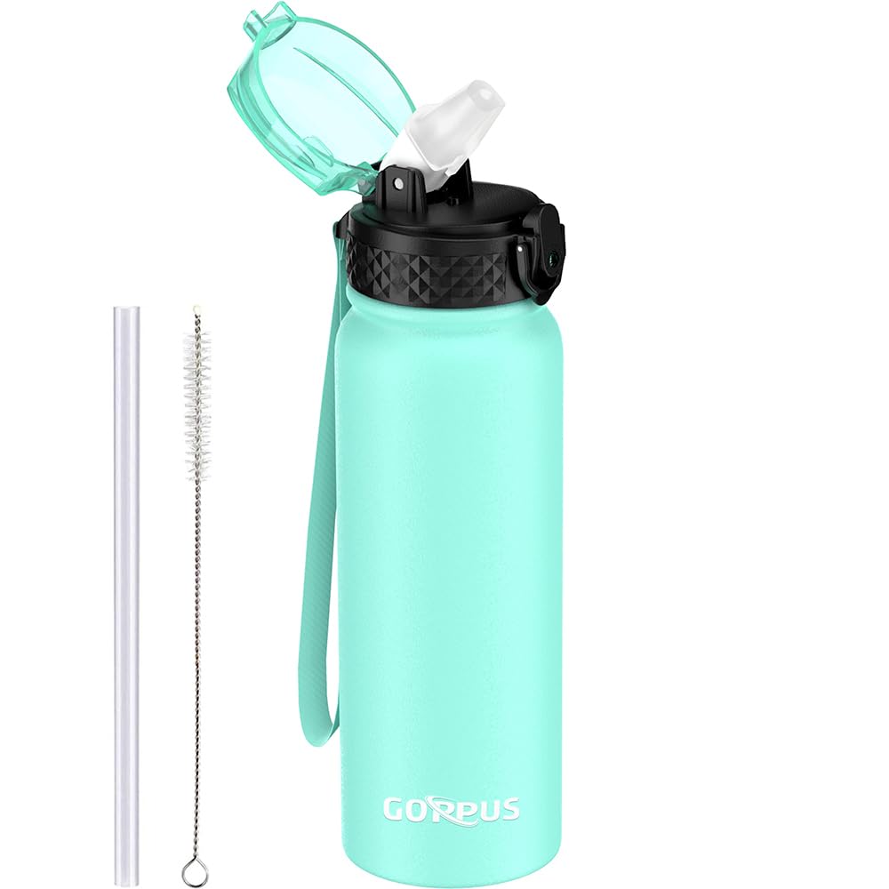 GOPPUS 600ml/20oz Stainless Water Bottle with Straw Double Wall Insulated Bottles with Strap One Hand Open Vacuum Thermal Flask Leakproof Keep Cold Bottles with Flip Top Lid BPA Free (Mint Green)