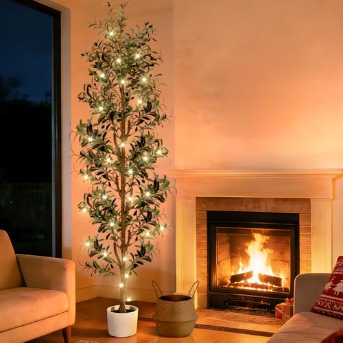 NZQXJXZ Olivo Artificial Grande 210 cm con Luces, Plantas Artificiales Decorativas con Maceta Blanca y Cesta, Árbol Artificial con Frutos para Hogar Oficina Navidad