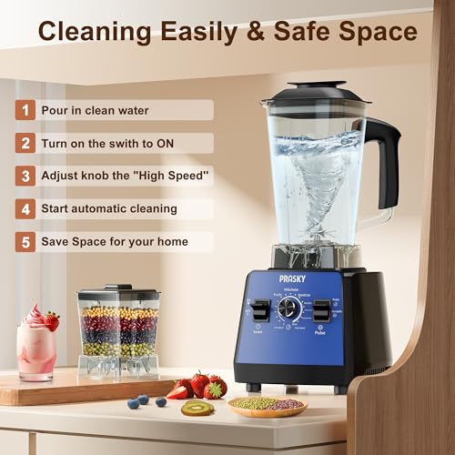 Image of Professional Blender, Smoothies Blenders, PRASKY Max.2400Watts /1000Watts Blender and Grinder Combo 25000RPM Powerful Kitchen Blenders 68oz BPA Free 2 Containers Countertop Blenders for Ice(Blue)