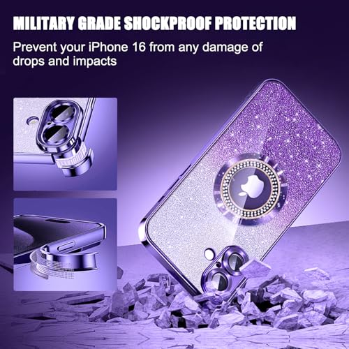 Image of Misscase for iPhone 16 Magnetic Glitter Case Compatible with MagSafe,Full Protection Slim Shockproof Anti-Scratch Case with Camera Lens Protector Logo View Dust-Proof Net for Women Purple