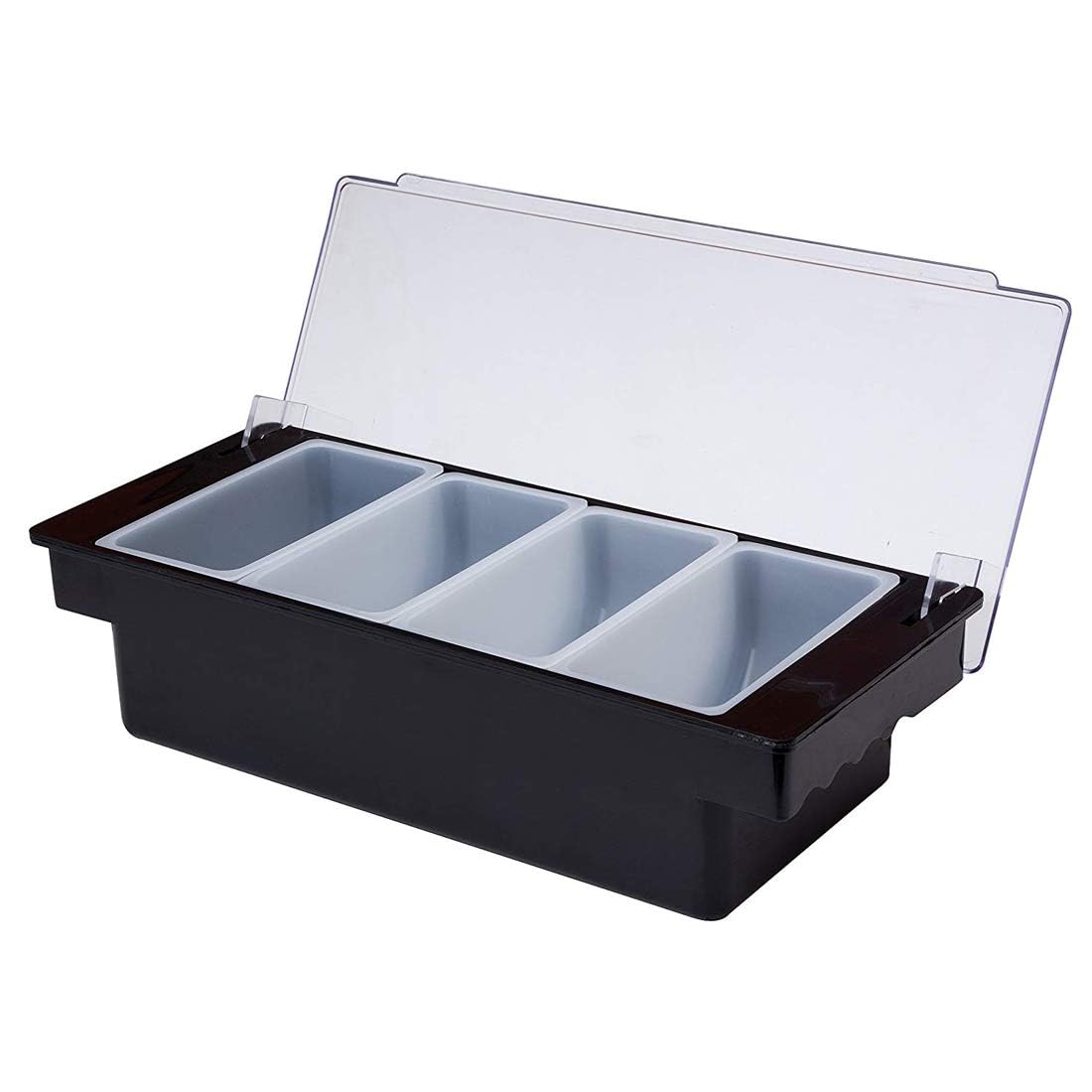 We Can Source It Ltd - 4 Part Black Plastic Condiment Holder with Clear Lid – Countertop Condiment Organiser with 1 Pint Compartments for Sauces, Toppings, Garnish & Bar Supplies