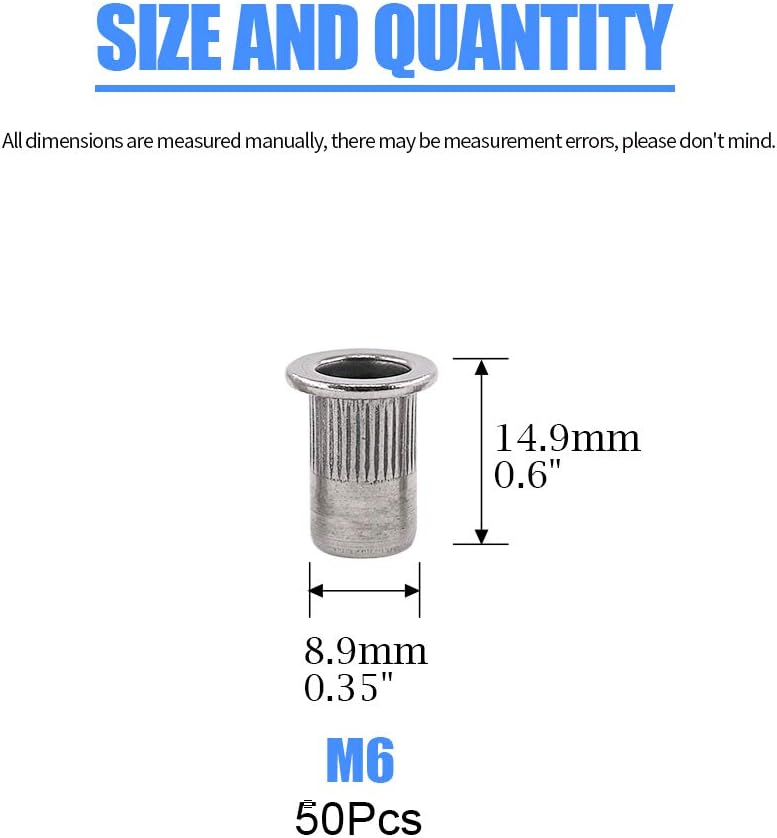 Glarks 50Pcs 304 Stainless Steel M6 Flat Head Threaded Rivetnut Insert Nutsert Rivet Nut Set (M6)