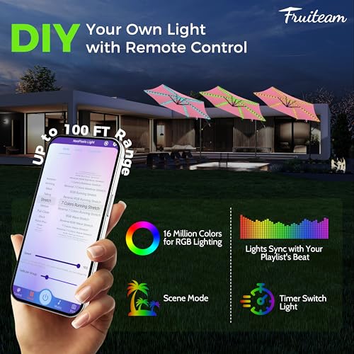 FRUITEAM Solar Colorful LED Lights Offset Patio Umbrella, 10 FT Heavy Duty Cantilever Outdoor Umbrella with 200+ Light Modes, All-Weather UV Protection Sun Shade for Poolside, Garden, Backyard (Pink) - Thumbnail 3