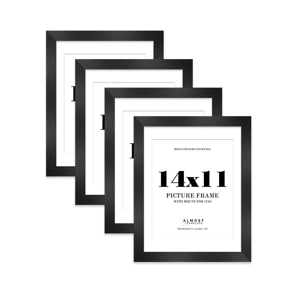 14x11 Black Frame With Mount for 11x9 Pictures 28mm Edge Portrait and Landscape Display with Wall Hooks and Kickstand, 4 Pack
