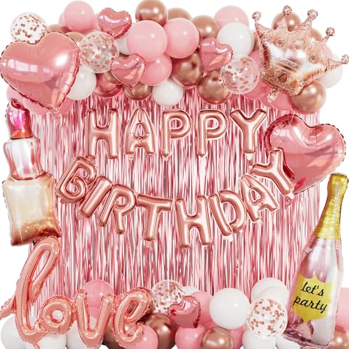 Image of Piece Rose Gold Birthday Decorations for Women 96pcs, Pink Balloons birthday decorations with Happy Birthday Banner, Rose Gold Foil Fringe Curtains for Valentines Wedding Romantic Party Decor