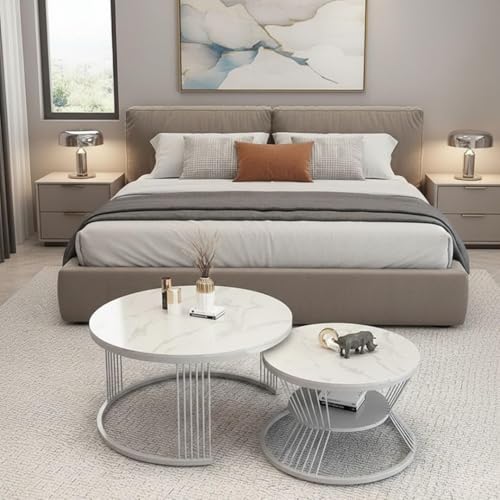 Image of Modern Nested Coffee Table Set of 2 | Round Marble Finish Tabletop with Metal Base | Luxury Center Table for Living Room, Lounge & Office (Gry White)