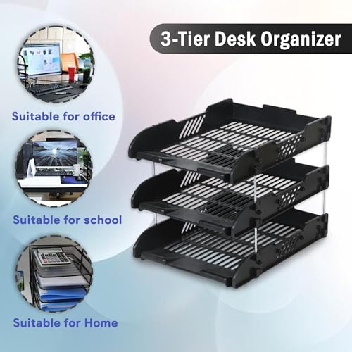Image of File Tray Rack ABS Plastics | Foldable Office Desk Accessories | Durable & Sturdy | Easy Assembly | Efficient Organizer | Plastic Office Stationery Files Layer Rack (3 Layer, Black)