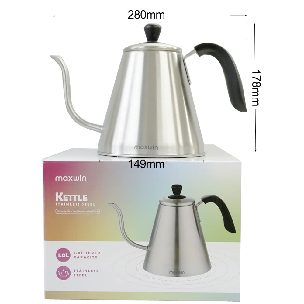 MAXWIN Bollitore a Collo d'oca in Acciaio Inossidabile per Caffè e Tè,Bollitore di Classe per Caffè con Beccuccio Lungo 1L - Acciaio Inossidabile di Qualità(AS-97E)