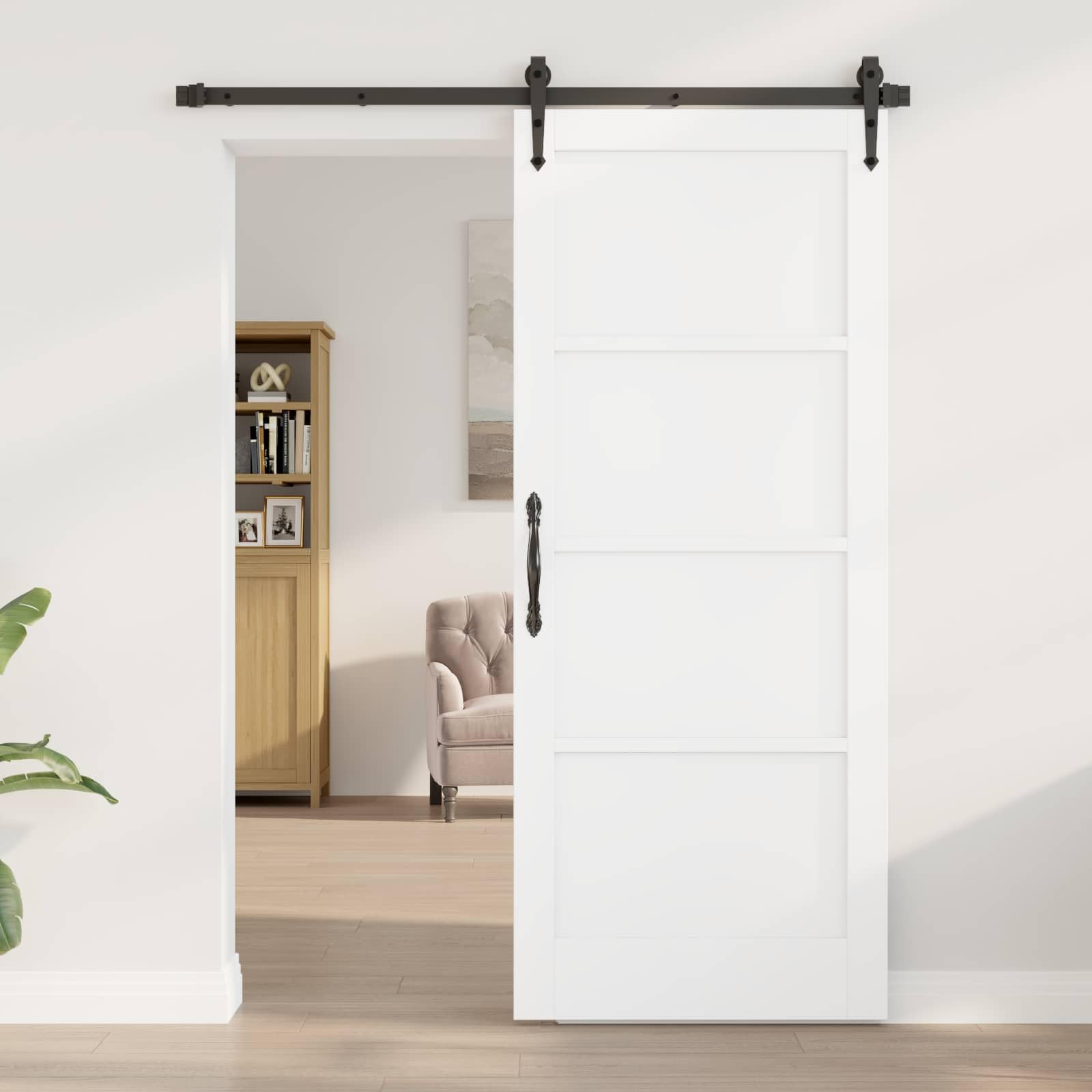 Puerta de granero interior blanca 83 x 202 cm de madera contrachapada y madera de pino macizo, sistema deslizante, ahorro de espacio, diseño rústico moderno