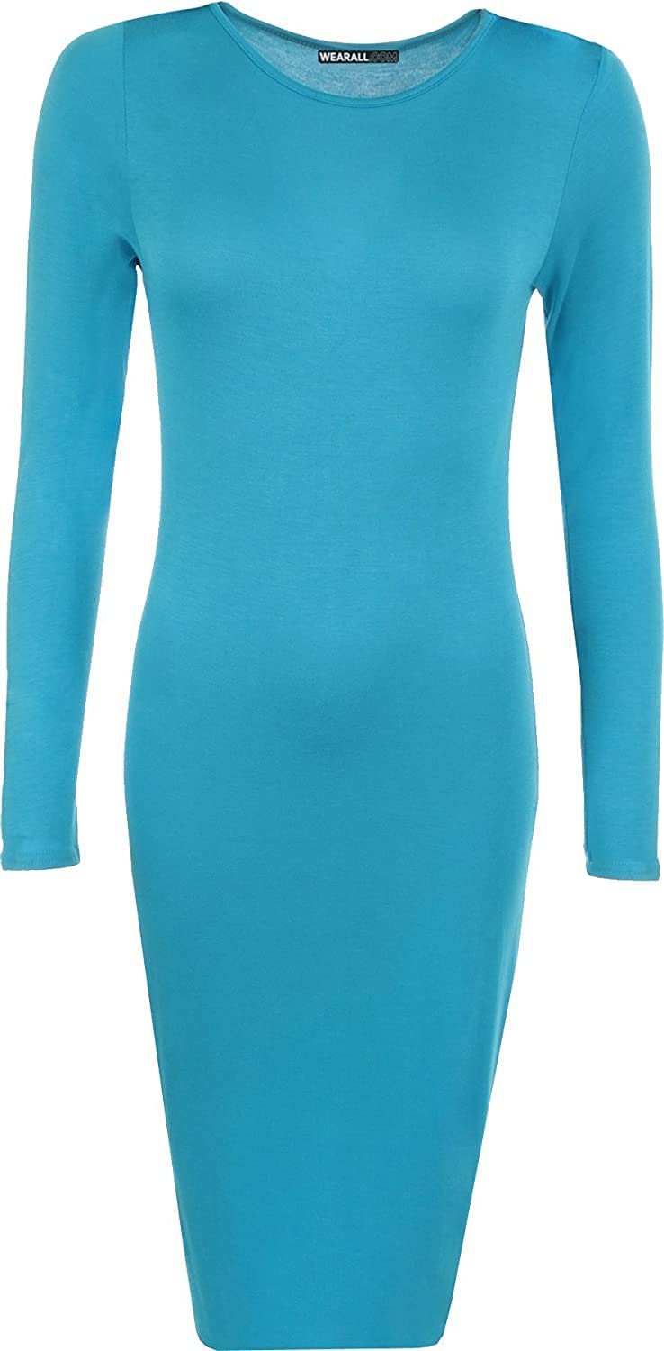 Wearall Women's Turquoise Plus Size Plain Long Sleeve Bodycon Stretch Midi Dress - 24-26