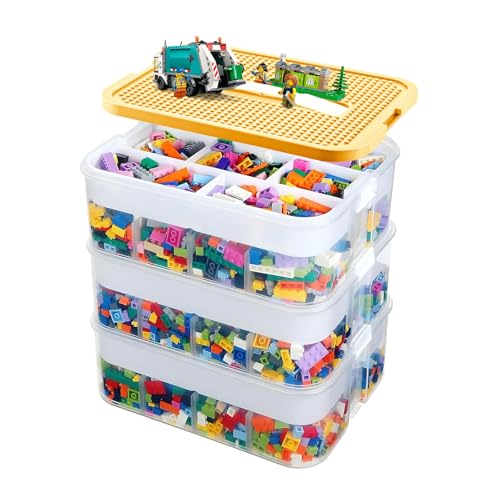 BREEZENEST 3-Tier Organiser with Lids Stackable Storage Box with Adjustable Compartments White Minimalist Design for Building Bricks 33x33x34cm (Yellow)