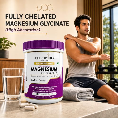 Image of HealthyHey Nutrition Magnesium Glycinate 14% Fully Chelated Supplement High Absorption for Sleep, Cramps, & Nerves Health - 300 Vegetable Capsules
