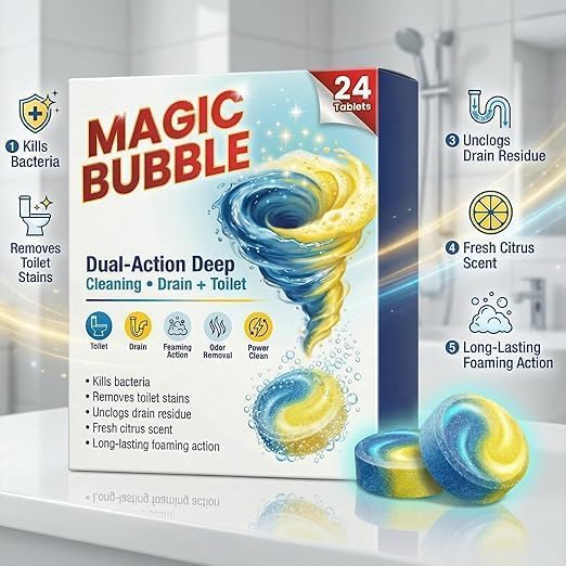 Image of Magic Bubble Dual-Action Toilet & Drain Cleaning Tablets (24 Tablets) | Foaming Deep Clean Toilet Bowl Cleaner | Removes Stains, Odors & Limescale | Drain Unclogging Tablets for Bathroom (Pack of 1)