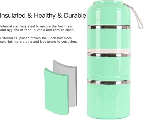 Miniatura 6 de HOMESPON Lonchera aislada, lonchera Bento Box, contenedor de alimentos con cuchara para adultos, oficina, campamento (3 niveles verde)