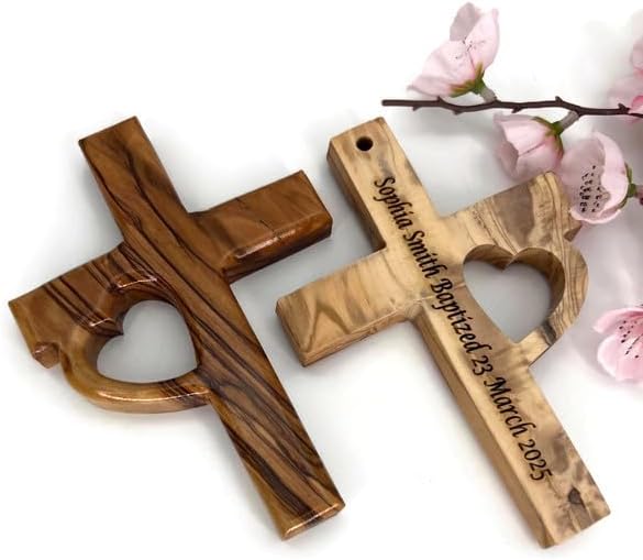 Personalized Engraved Wooden Cross, Holy Land Olive Wood Cross with Heart for Wall, Custom Baptism Gift, Confirmation Cross, First Holy Communion Gifts for Girls, Christening Crucifix For Boys