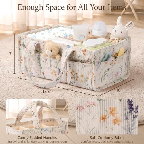 Image of Corduroy Baby Diaper Caddy Organizer with Handles, Nursery Storage Basket