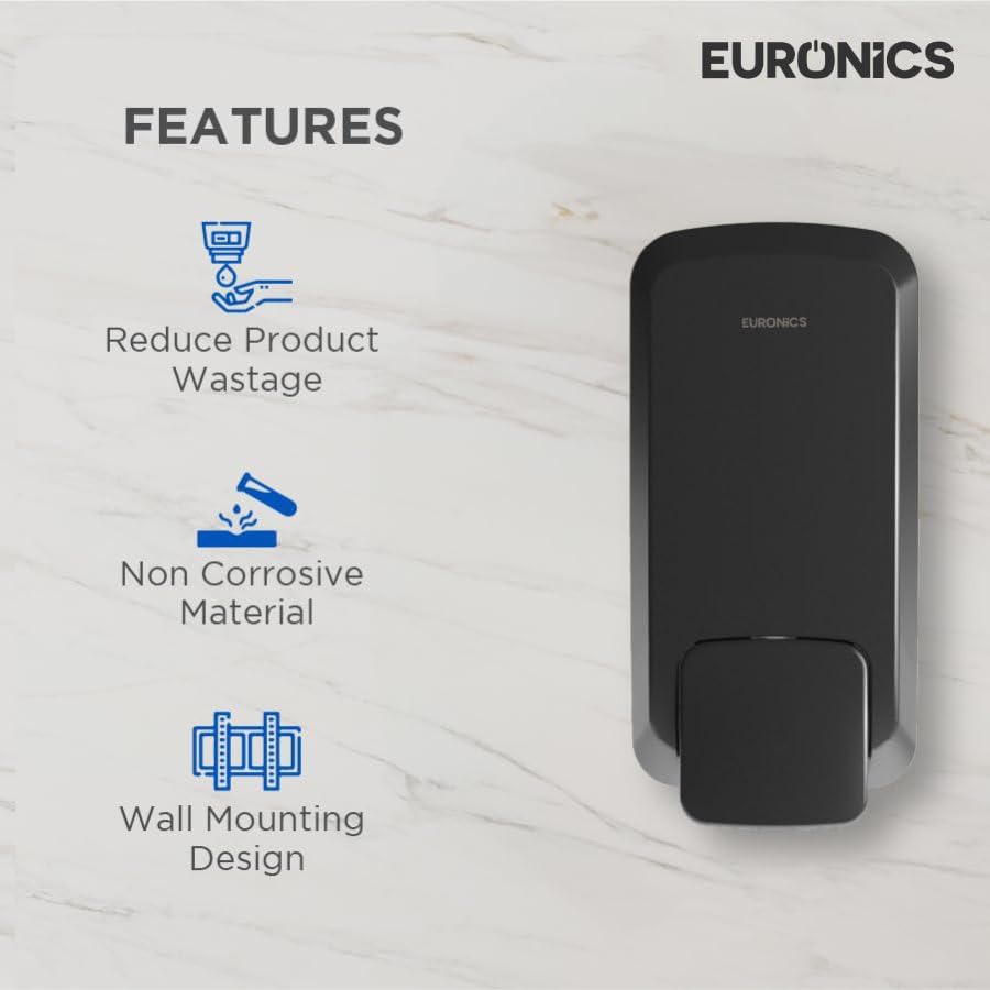 Image of Euronics Black Manual Soap Dispenser 1000Ml | Wall Mounted Liquid Soap & Dispenser | ABS Commercial Soap Dispenser with Visible Refill Window for Office, Hotel, Hospital & Washroom | ES43B