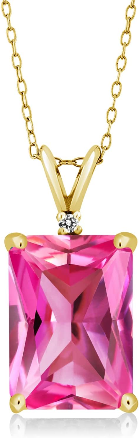 Gem Stone King 18K Yellow Gold Plated Silver Emerald Cut Gemstone Birthstone and Round Accent White Diamond Pendant Necklace for Women | 14X10MM Emerald Cut and 1.5MM Round | With 18 Inch Silver Chain