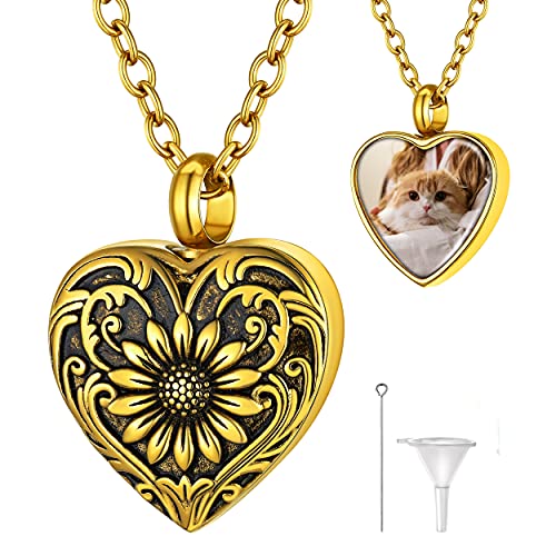 GoldChic JEWELRY Collar Girasol para Echar Cenizas Oro con Foto Recuerdo, Colgante Cenizas Dorado Forma Corazón