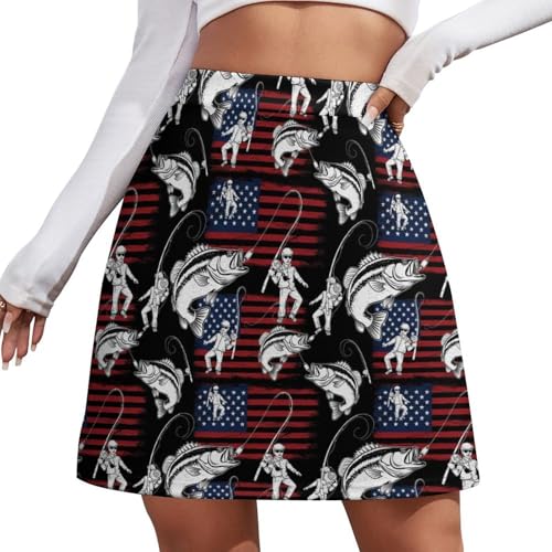Women's Fashion A-Line Skirt, Adult Stretchy All-Day Comfort Short Skirts Lightweight Skorts for Spring, Summer, Fall, Winter, American Flag Bass Fish Fishing Lure, (3XL)