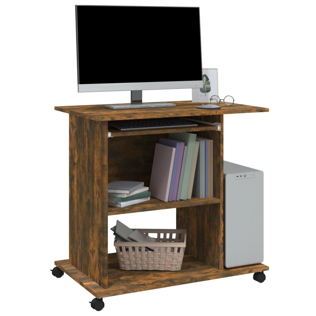 Rolling Computer Desk with Keyboard Tray & CPU Stand, Smoked Oak | Space-saving engineered wood workstation measuring 31.5 x 19.7 x 29.5 inches, ideal for small home office spaces.