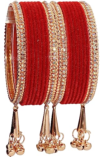 Image of NMII Metal with Zircon Gemstone and Velvet Studded Bells Latkan Bangles Set For Girls and Women I Latkan Bangles, Premium Bangle Bracelet Set I Pack of 16 Bangles