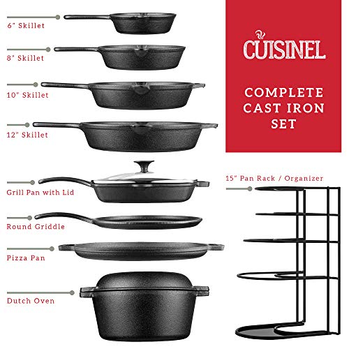 Image of Cuisinel Cast Iron Cookware 18-Piece Set - Pre-Seasoned 6 inch + 8 inch + 10 inch + 12 inch Skillet + Grill Pan+Lid + Griddle + Pizza Pan + Dutch Oven+Pan Cover + Panrack + Silicone Handle Grips + Pan Scraper /Cleaner