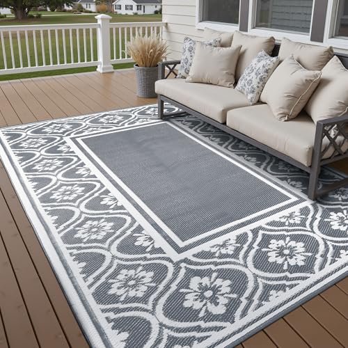 PureCozy Waterproof Outdoor Rug,Garden Rugs 150x240cm Reversible Outdoor Carpet Mat,Washable UV Resistant Plastic Straw Area Rugs for Patios,Garden,RV,Picnic,Backyard,Balcony,Grey & White