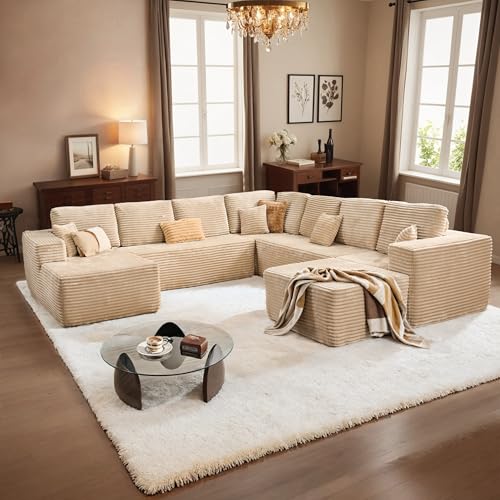 Image of HOOOWOOO Cloud Sectional Couches for Living Room,Modular Sectional Sofa No Assembly,136X133 Inch Plush Corduroy Large G Shaped Floor Couch Set with Deep Seat Chaise Ottoman(Beige)