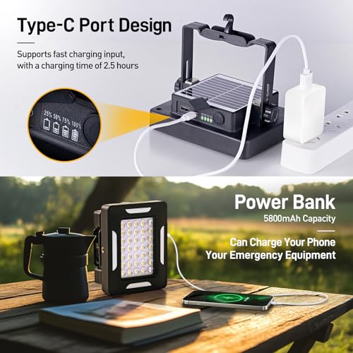 Image of LED Solar Portable Camping Lights with Stand dimmable, 2000LM, Solar Rechargeable Work Lights with Magnetic，IP67 Waterproof, 5 Light Modes Portable Flood Light, Camping Lantern for Indoor Outdoor