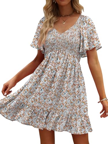 Image of UEAL Womens Cute Floral Smocked V Neck Flutter Sleeve Sundress with Pockets Casual Spring Summer Dresses for Women 2026