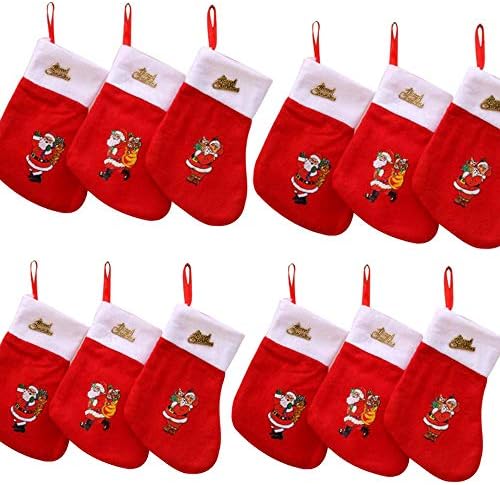12Pcs Mini Christmas Stockings, Fabric with Santa Printed for Xmas Decoration Random Pattern