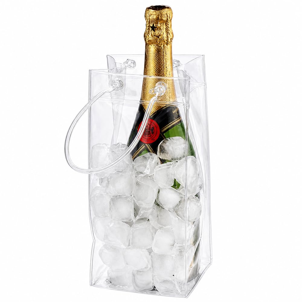 5 Stück Eisbeutel Flaschenkühler Auslaufsichere Eisbehälter, Transparente PVC Eistasche Tragbare Kühltasche mit Griff für Champagner Wein Getränke 25 * 11cm (2 Stück)