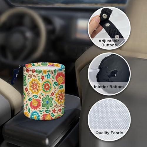 Image of Tropical Rainbow Flowers Car Trash Can Collapsible Auto Waste Basket Container with Adjustable Strap Waterproof Auto Storage Box Travel Accessories