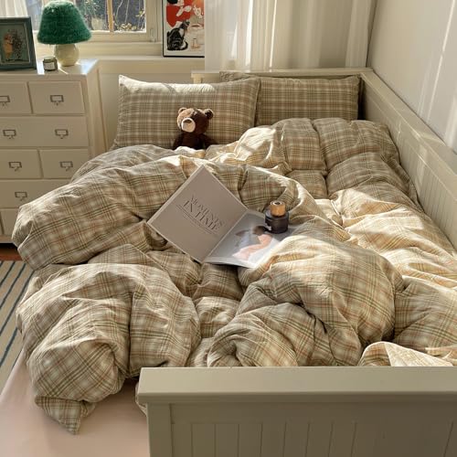 Image of mixinni Queen Duvet Cover Set - 3 Piece Washed Cotton Vintage Geometric Plaid Bedding Set with Zipper Closure, Soft & Breathable Green Pink White Buffalo Check Pattern for All Seasons