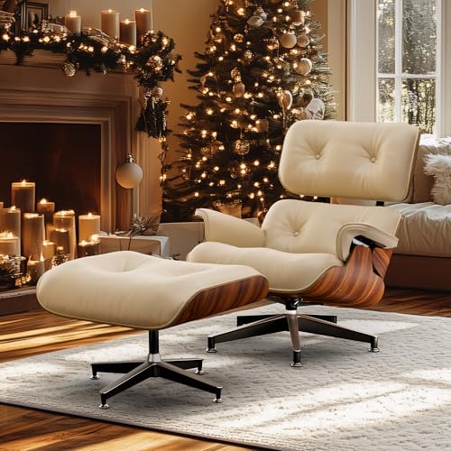 Image of Top White Grain Leather, Mid Century Chaise Lounge Chair and Ottoman, Modern Chair Classic Design, Palisander Wood, Heavy Duty Base Support for Living Room Office