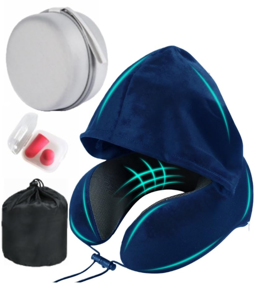 Image of Travel Neck Pillow with Extra Large Hood Rollable Airplane Hooded Neck Pillow with Memory Foam Filling and Removable, Skin-Friendly Cover with a Carrying Pouch