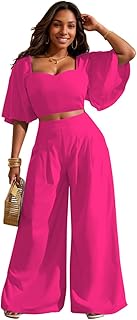 Women's Summer 2 Piece Outfits 2025 Ruffle Sleeve Sweetheart Neck Crop Tops Wide Leg Pant Sets Casual Tracksuit