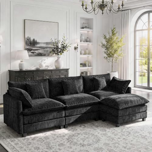 Image of 112 inch L-Shape Modular Sofa with 1 Ottomans, Deep Seat Cloud Convertible Sleeper, 3 Throw 2 Arm Pillows, Comfortable Upholstered Furniture for Living Room Apartment, Black