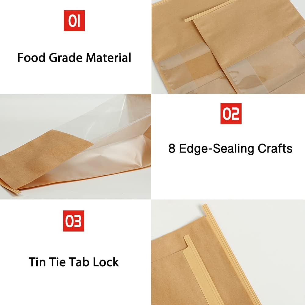 100pcs Kraft Paper Bags with Window - 5.1x4.3x11 Inches Tin Tie Tab Lock Brown Bread Bags (100 Count)