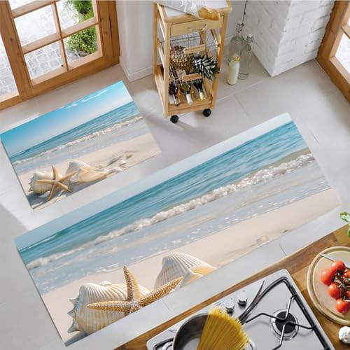 JEDTAKCT Tapis Cuisine Antiderapant Ntidérapant Lavable, Plage De Coquillages, Tapis De Cuisine Anti-Fatigue Au Paysage De Vacances Turquoise pour Couloir Salle À Manger Devant Evier Entrée Porte