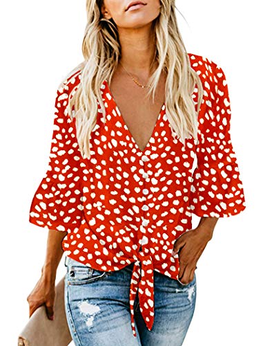 Kancystore - Blusas de gasa estampadas con cuello en V para mujer - Rojo - Medium