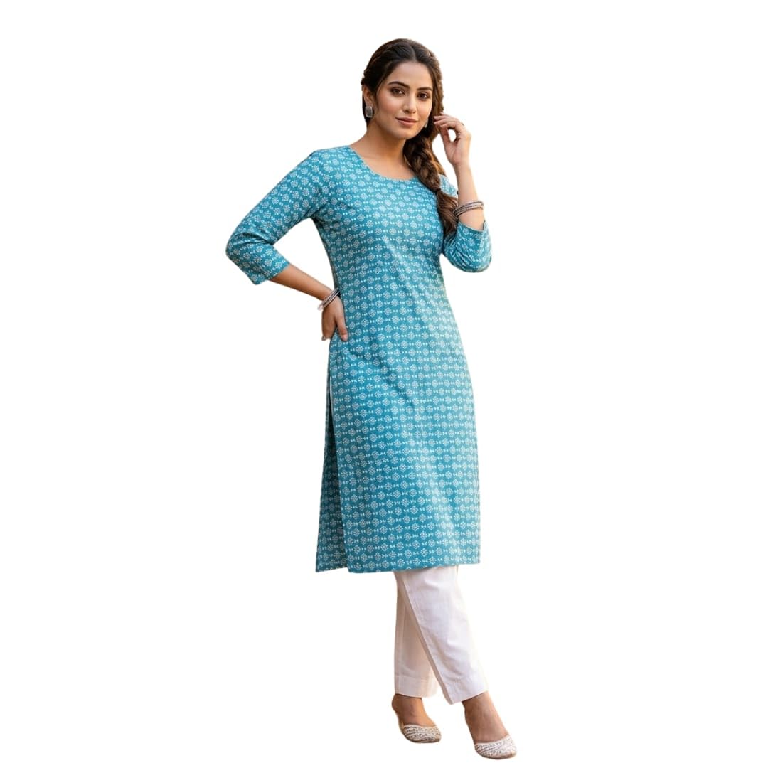 Women's Pure Cotton Kurti, White with Grey Tribal Print, 3/4 Sleeves, Straight Fit - Review, Price and Buying Guide