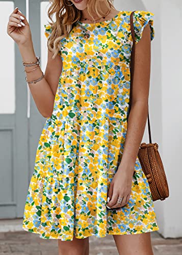 Image of KIRUNDO Summer Dresses for Women Sundress Sleeveless Ruffle Sleeve Round Neck Loose Short Flowy Pleated Mini Babydoll Dress