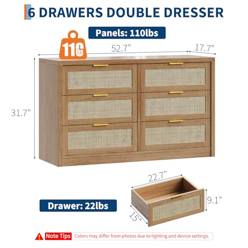 6 Drawer Dresser for Bedroom, 52.7" Wide Rattan Dresser, Wooden with Gold Handles, Farmhouse Tv Stand Entryway Table, Modern Chest of Drawers for Living Room, Entryway
