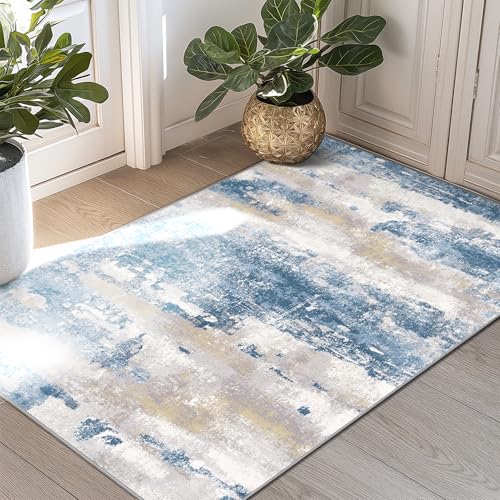 2x3 Rugs for Entryway Entrance Kitchen Bathroom, Machine Washable Modern Abstract Soft Area Rug, Indoor Floor Carpet with Non Slip Rubber Backing, Blue Cream