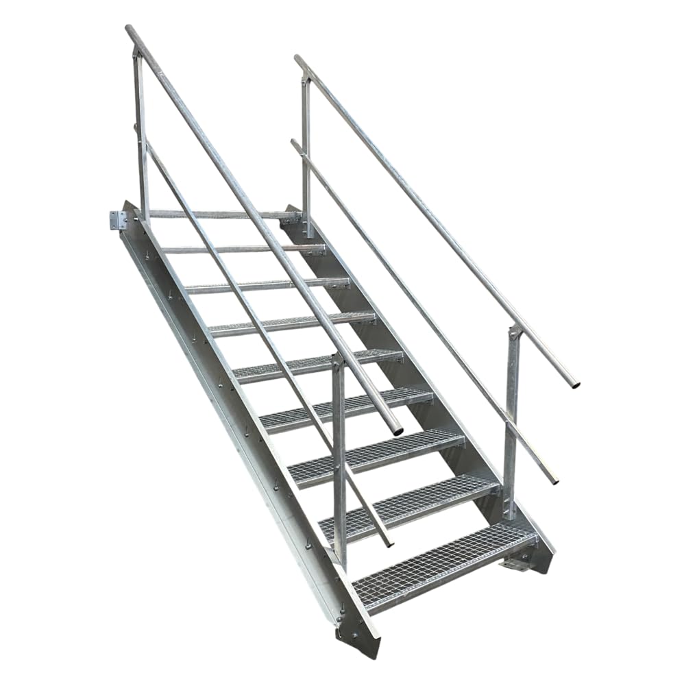 Stahltreppe Industrietreppe Aussentreppe Treppe 9 Stufen-Breite 80cm Variable Geschosshöhe 135-180cm vezinkt mit beidseitigem Geländer